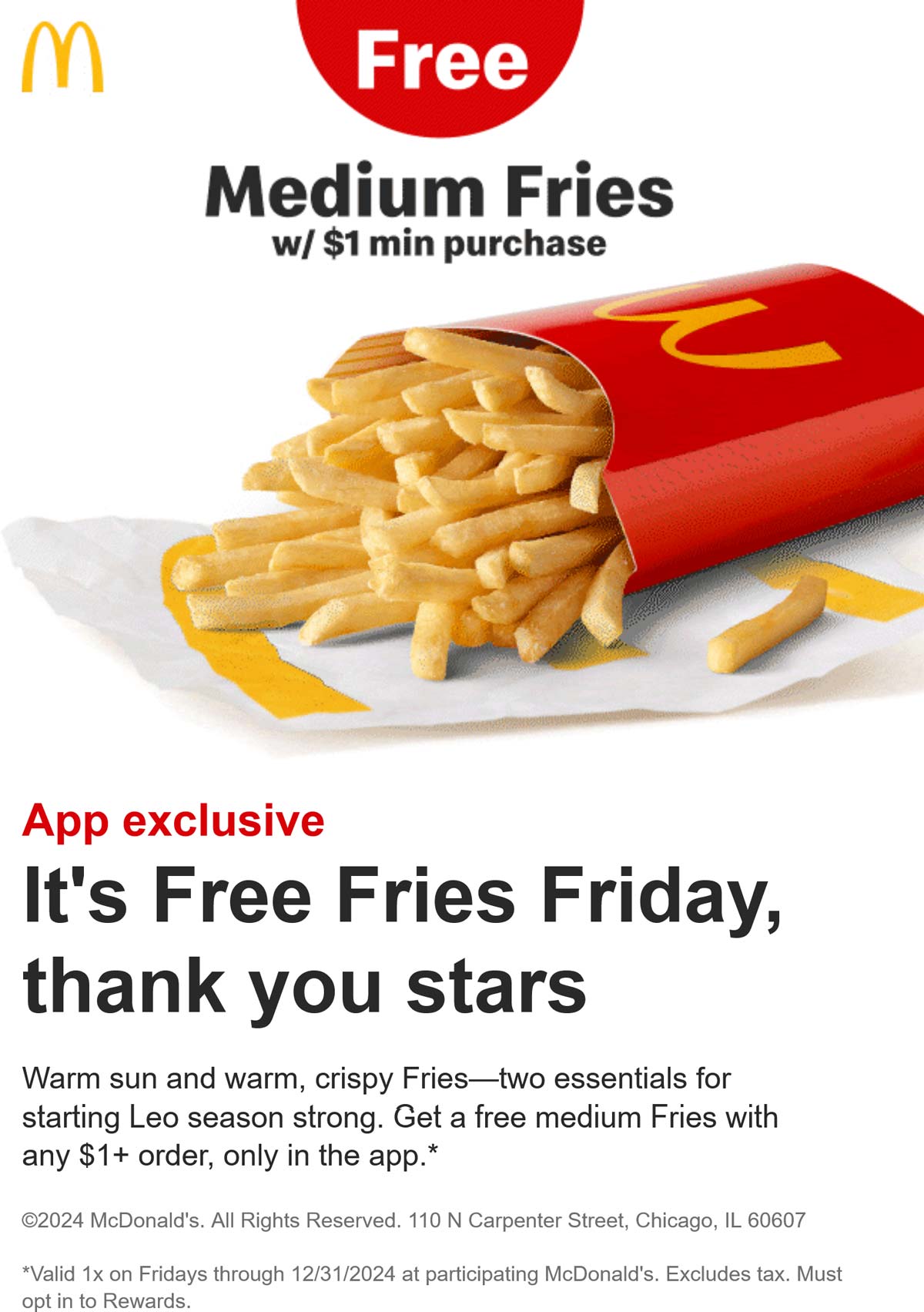 Mcdonalds Coupon Code 12 Stelliger Free fries on $1 today via mobile at McDonalds #mcdonalds - The Coupons