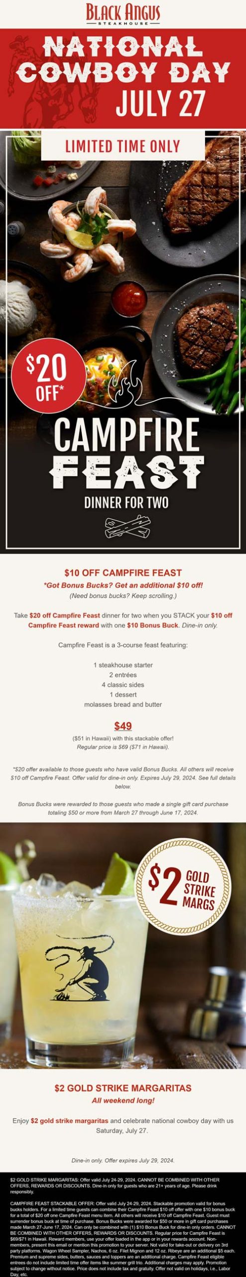 $2 margaritas & $20 off campfire feast for 2 at Black Angus steakhouse restaurants