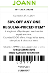 50% off a single item today at Joann, or online via promo code SUNNYDAY #joann