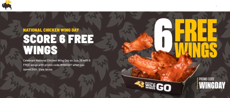 6 free wings on $10+ today at Buffalo Wild Wings restaurants via promo code WINGDAY