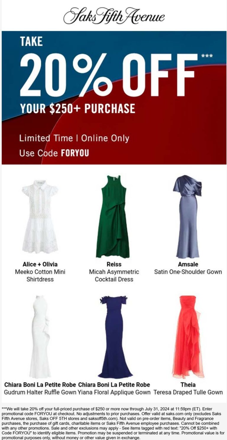 20% off $250+ at Saks OFF 5TH via promo code FORYOU