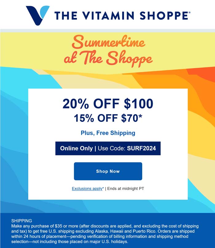 15-20% off $70+ today at The Vitamin Shoppe via promo code SURF2024