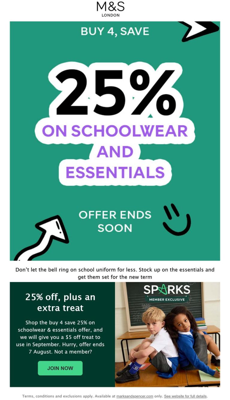 25% off schoolwear at Marks and Spencer