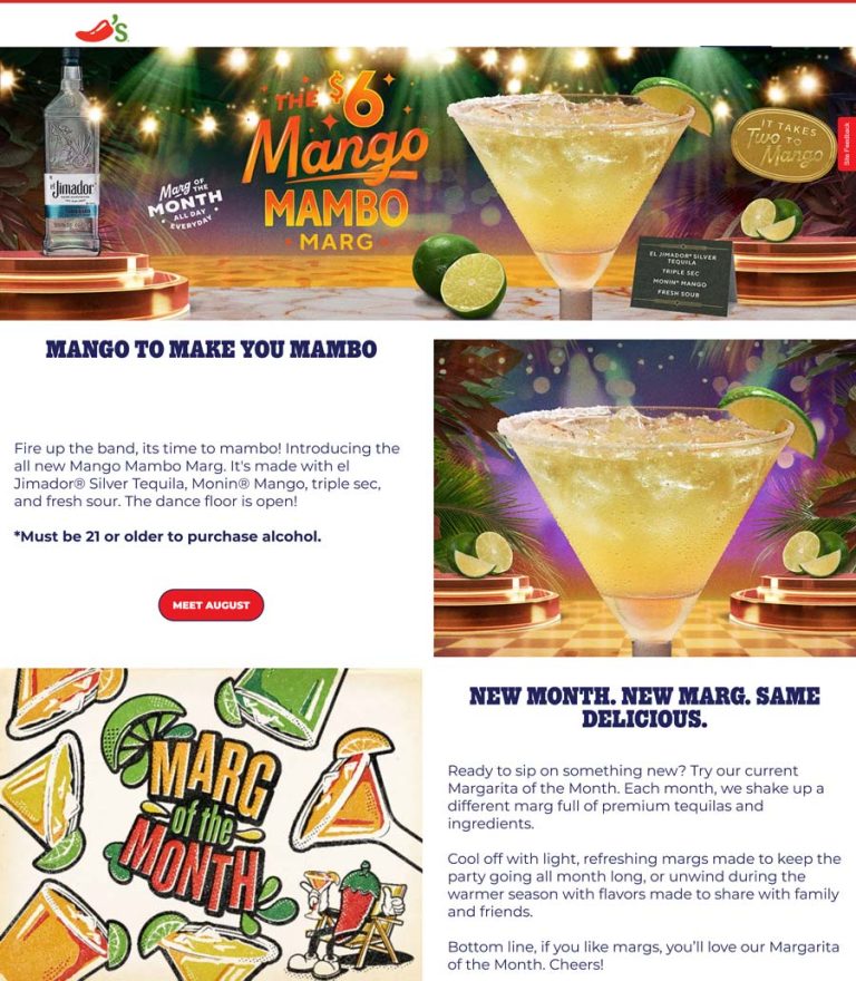 $6 mango mambo margarita all month at Chilis restaurants