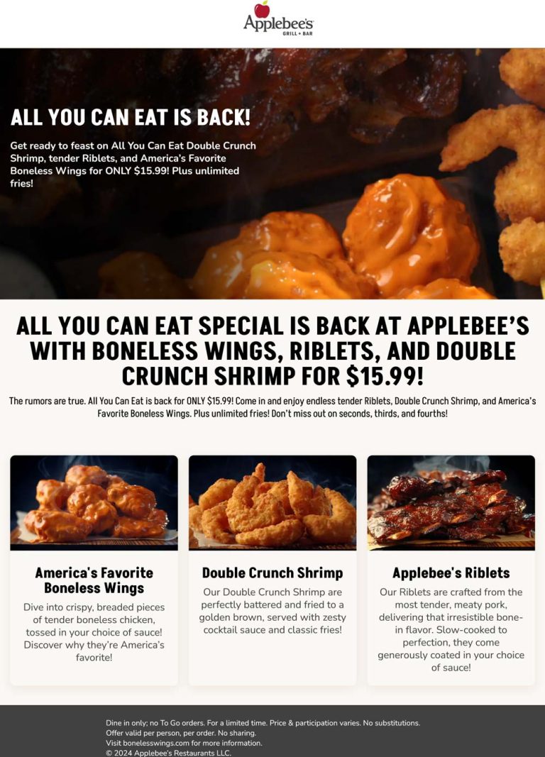 Bottomless wings, riblets and shrimp = $16 at Applebees restaurants