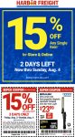 15% off a single item at Harbor Freight, or online via promo code 11411729 #harborfreight