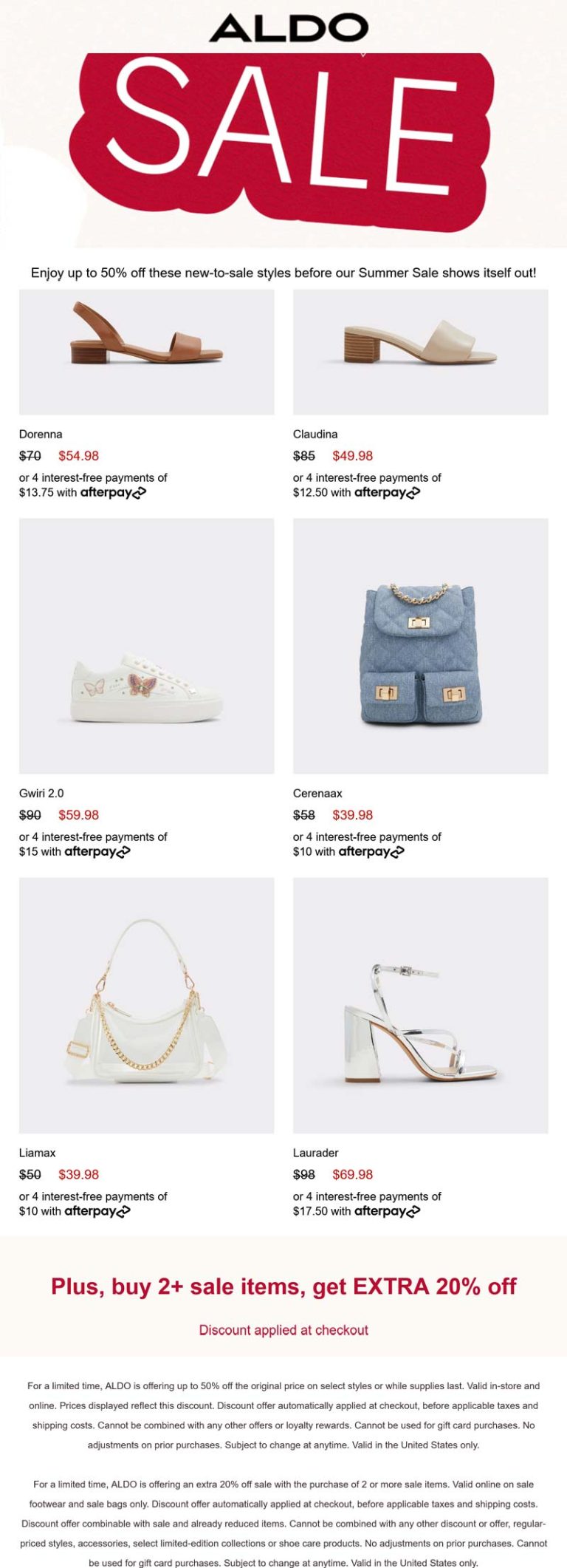 Extra 20% off 2+ sale items at ALDO shoes