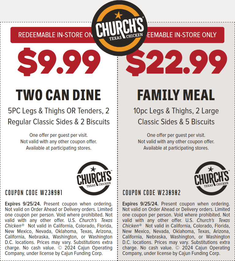5pc + 2 sides + 2 biscuits = $10 at Churchs Chicken