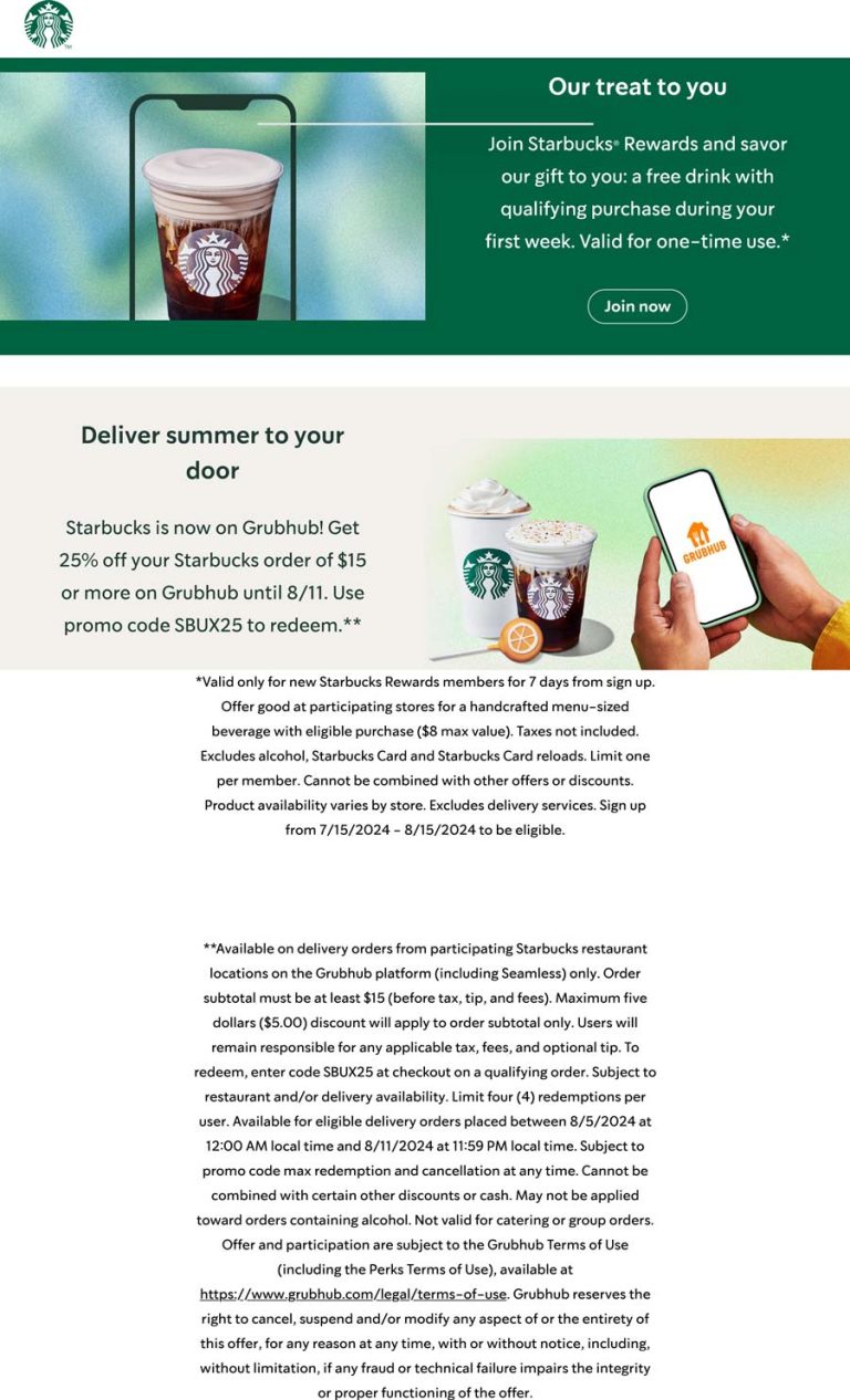 25% off $15+ via delivery at Starbucks coffee via promo code SBUX25