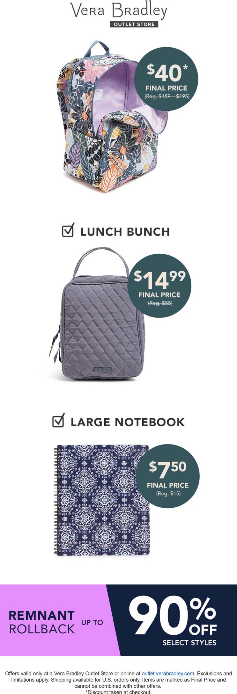 $40 backpacks & more at Vera Bradley Outlet