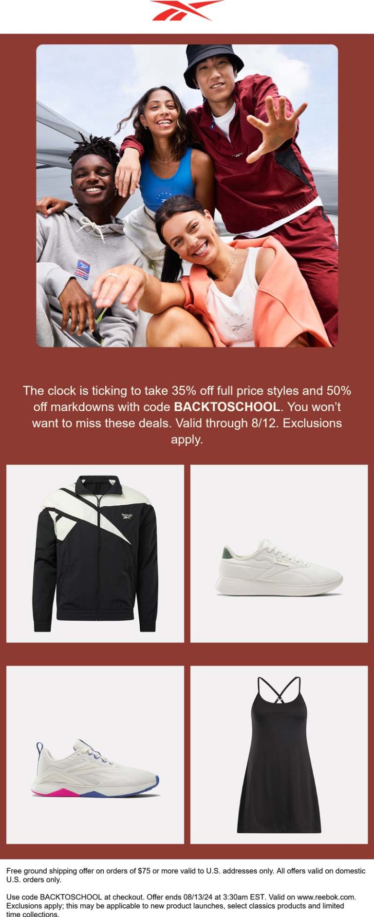 35% off regular & 50% off sale items at Reebok, or online via promo code BACKTOSCHOOL