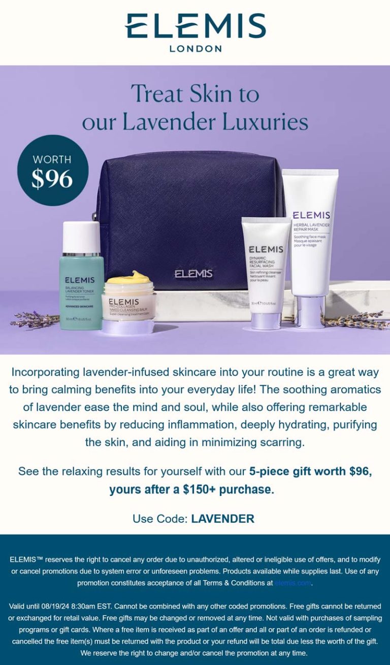 Free $96 5pc on $150+ at Elemis via promo code LAVENDER