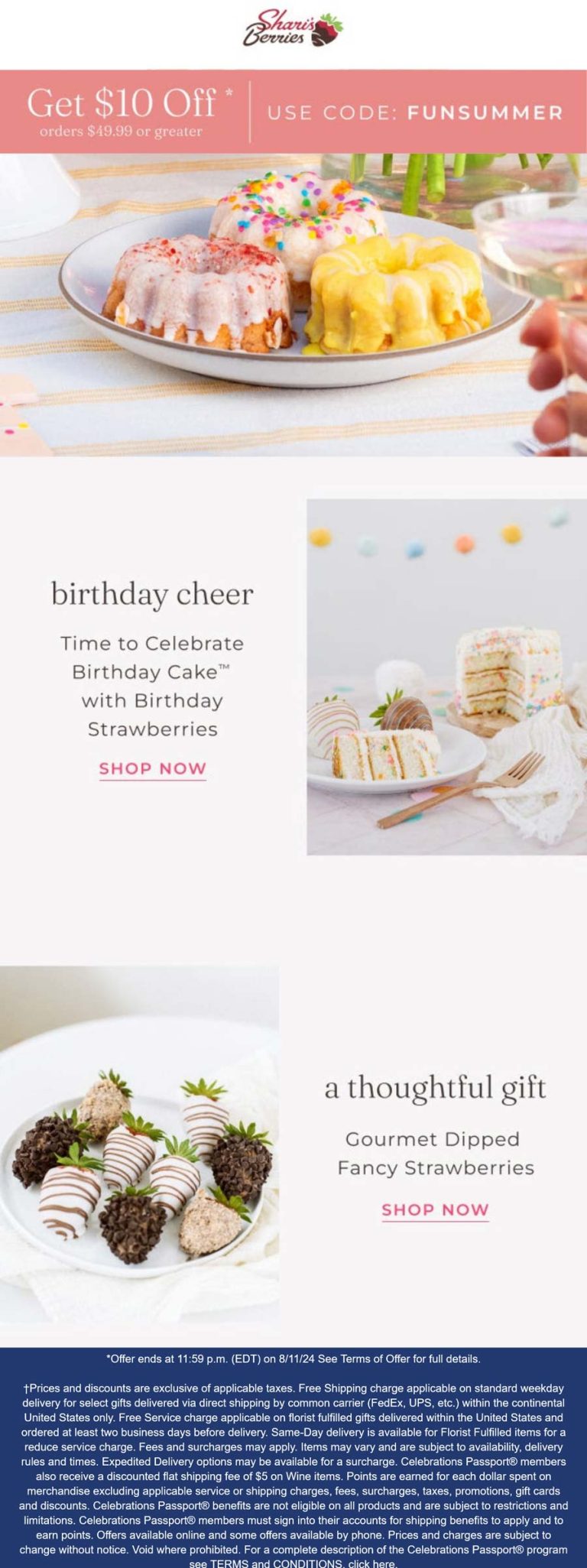 $10 off $49 at Sharis Berries gourmet gifts via promo code FUNSUMMER
