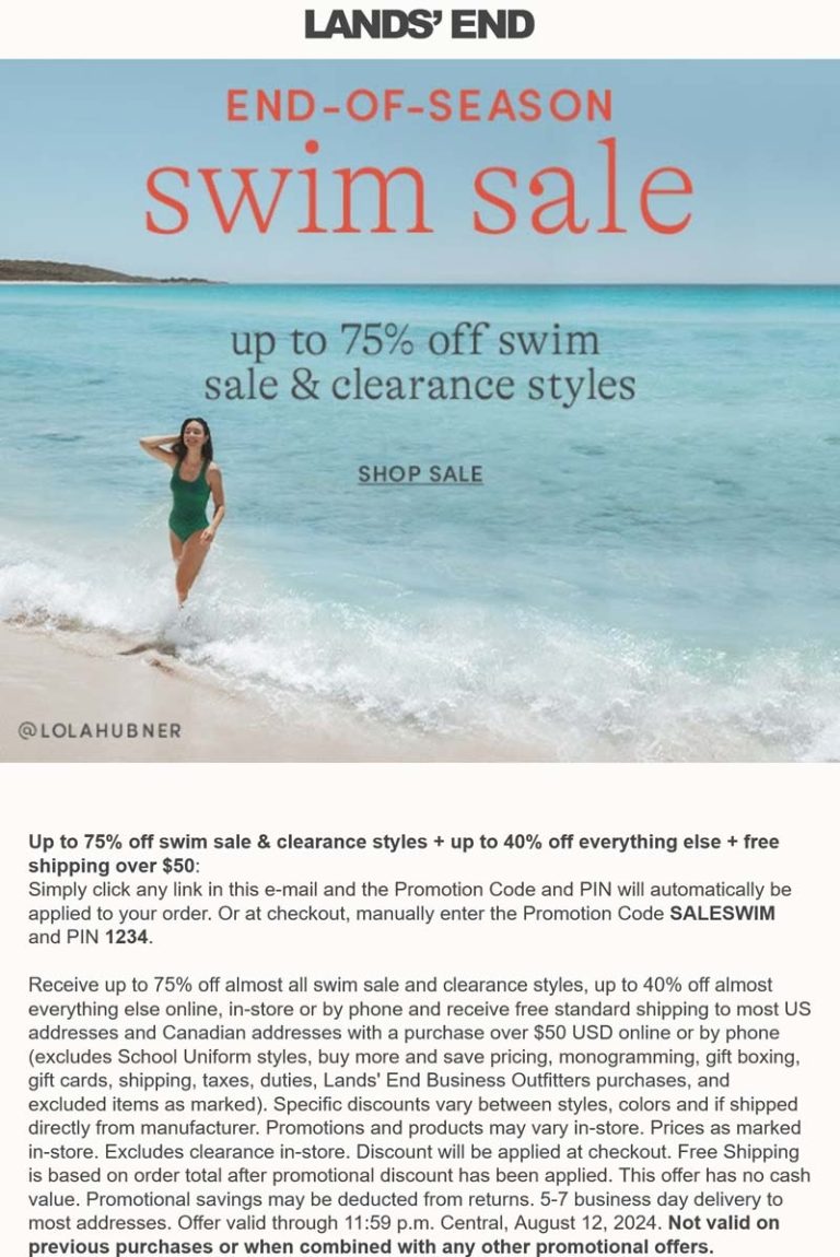 75% off swim clearance going on at Lands End via promo code SALESWIM and pin 1234