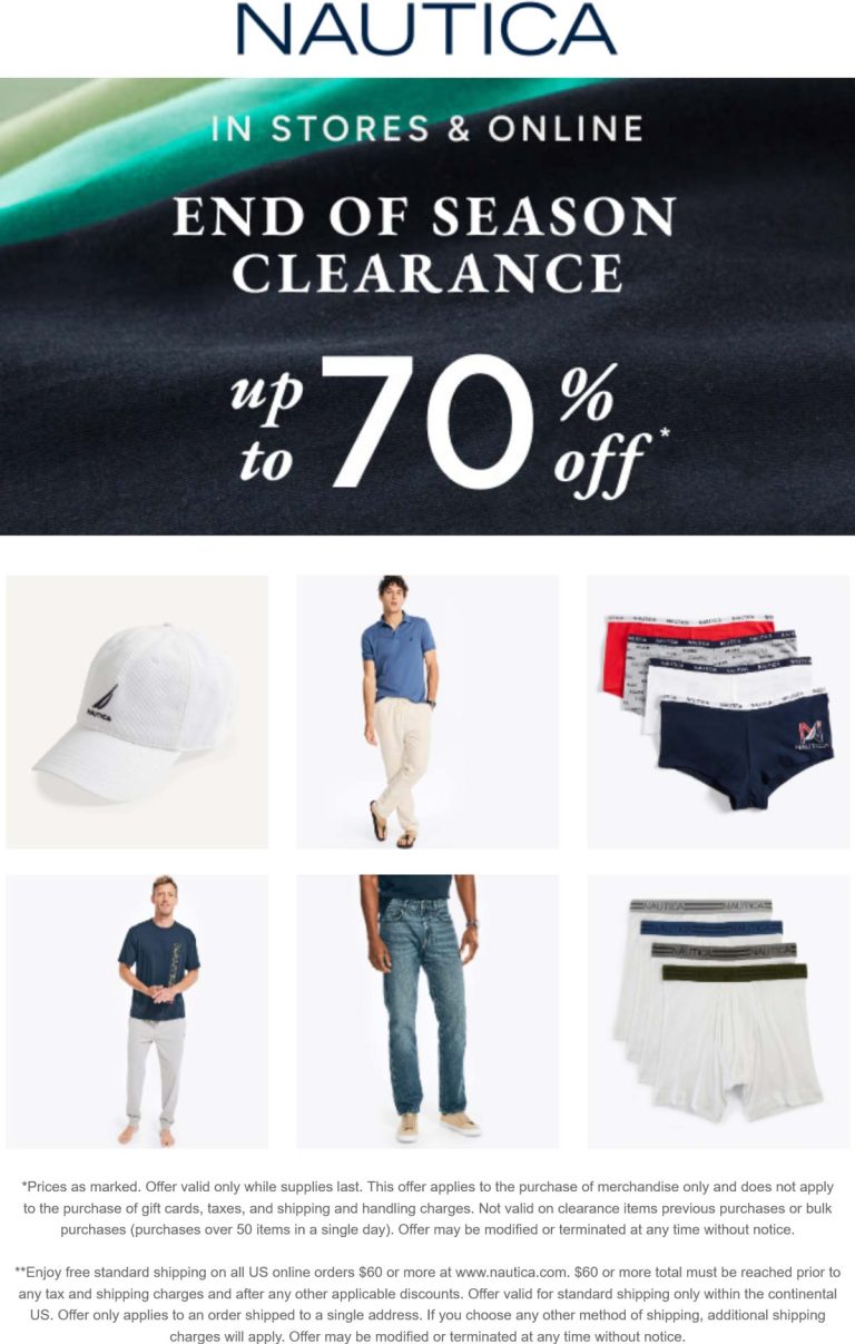 End of season 70% clearance at Nautica, ditto online