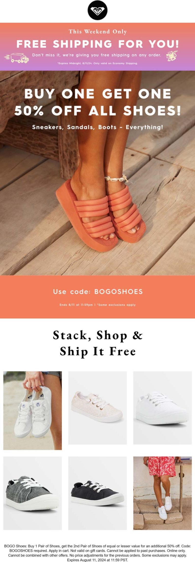 Second pair 50% off at Roxy via promo code BOGOSHOES