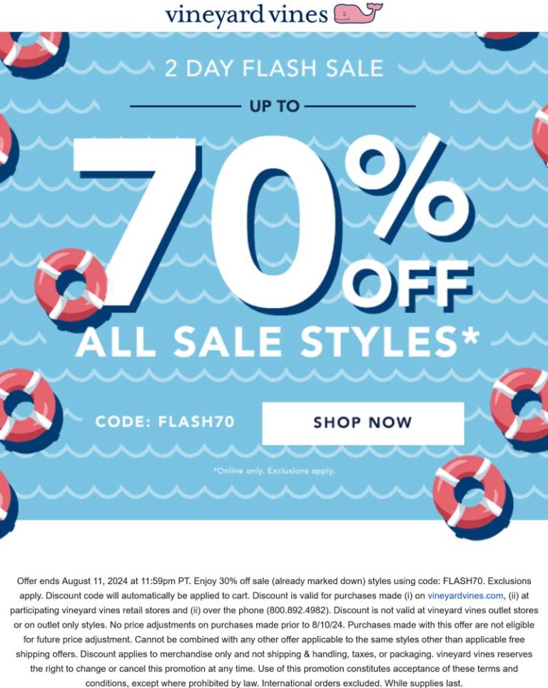 Extra 30% off sale items at Vineyard Vines via promo code FLASH70