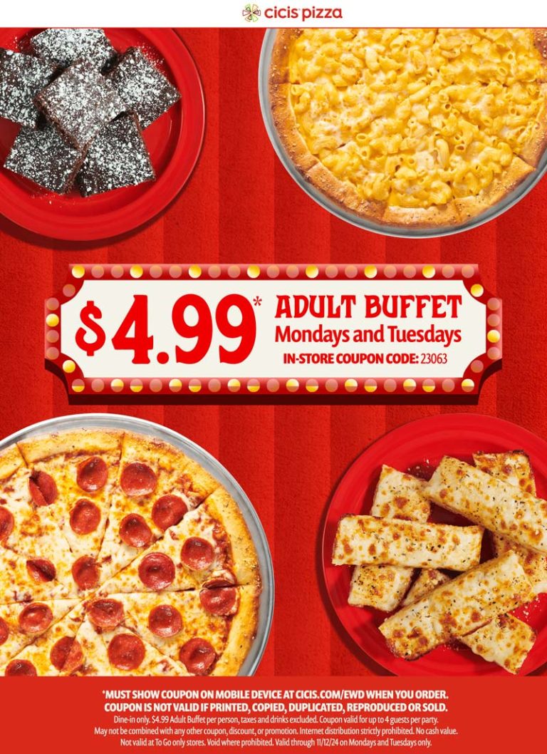 Bottomless pizza buffet = $5 Mon & Tues at Cicis