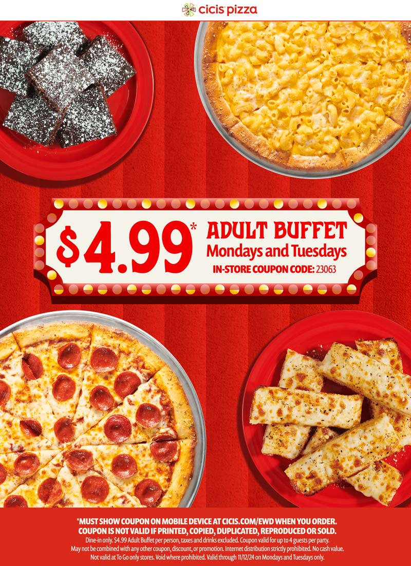 Bottomless pizza buffet = $5 Mon Tues at Cicis #cicis The Coupons App® Bottomless pizza buffet = $5 Mon Tues at Cicis #cicis The Coupons App®