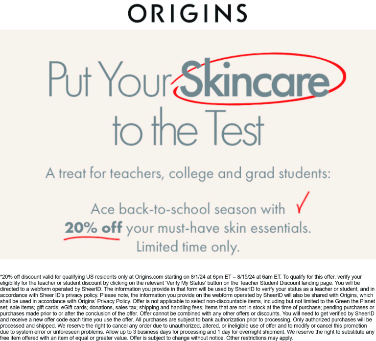 Teachers & students enjoy 20% off skincare at Origins