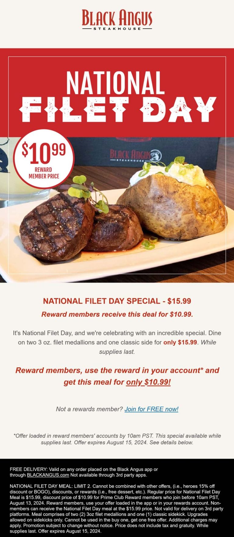 $11 filet mignon steak via login today at Black Angus steakhouse