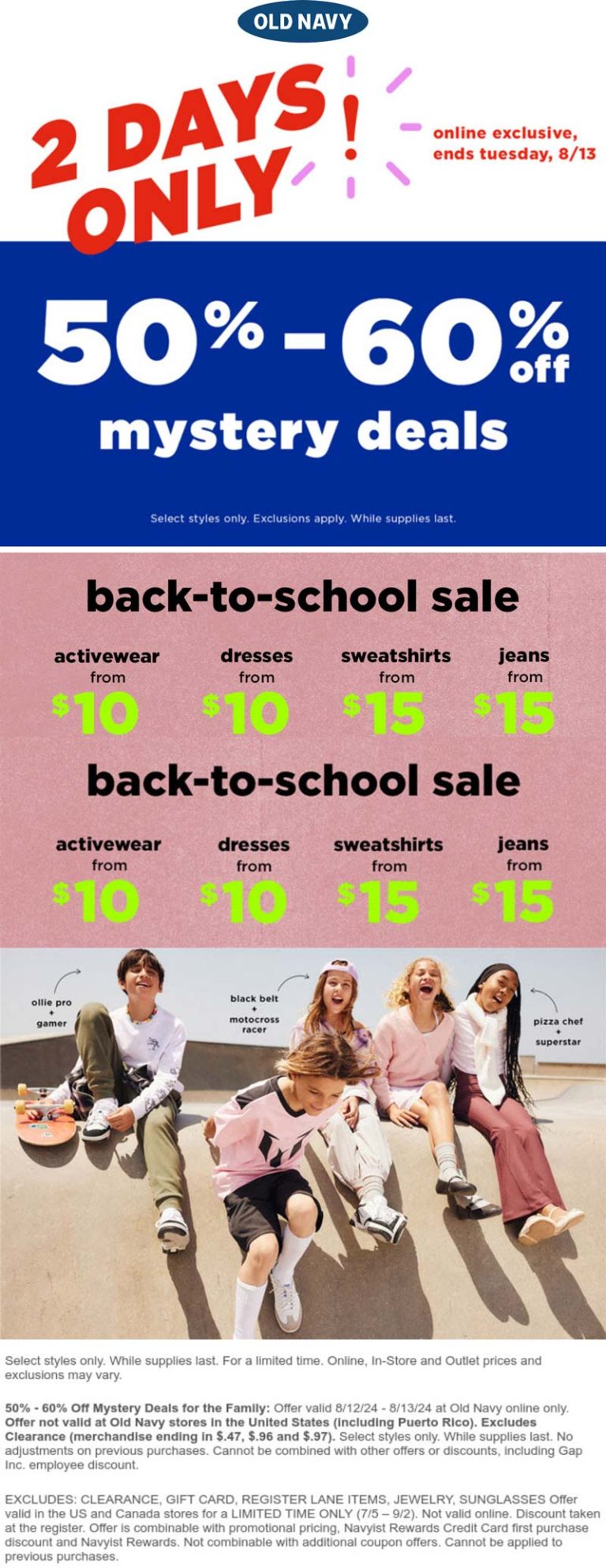 Various 50-60% off back-to-school deals today online at Old Navy