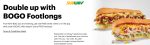 Second sub sandwich free at Subway via promo code FLBOGO #subway