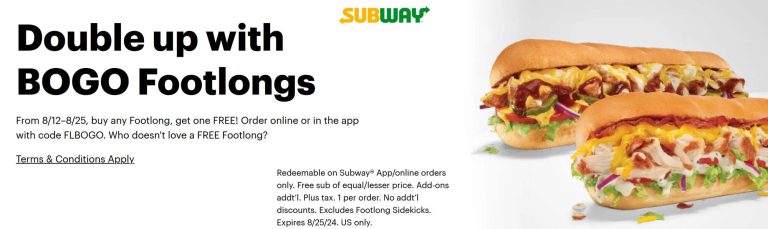 Second sub sandwich free at Subway via promo code FLBOGO