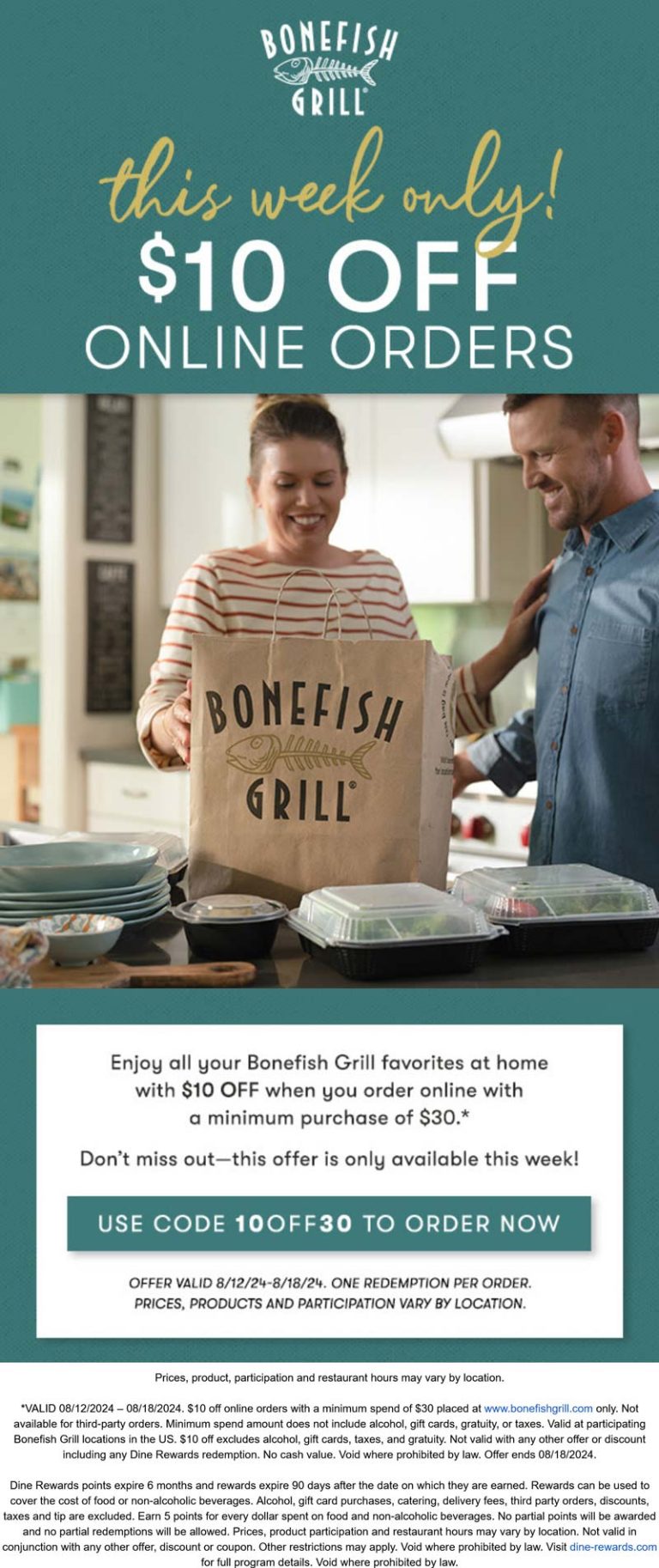 $10 off $30 online at Bonefish Grill restaurants via promo code 10OFF30
