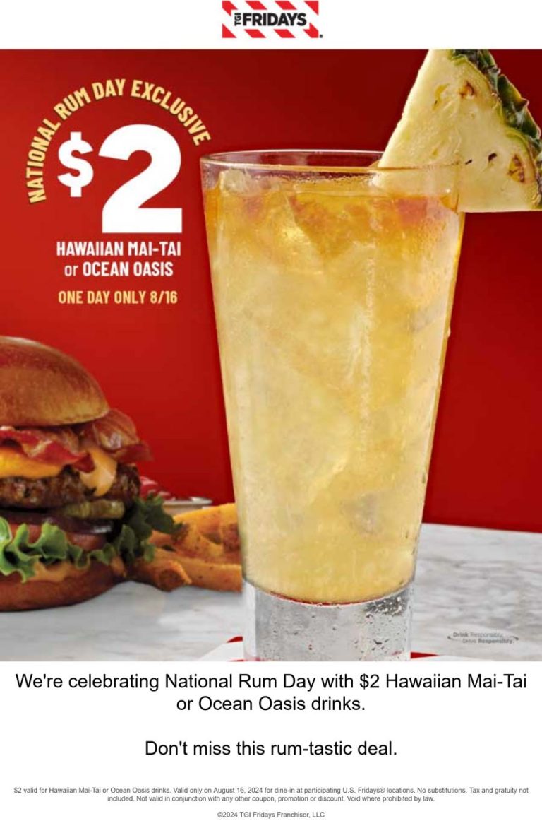 $2 Hawaiian Mai-Tai or Ocean Oasis drinks Friday at TGI Fridays restaurants