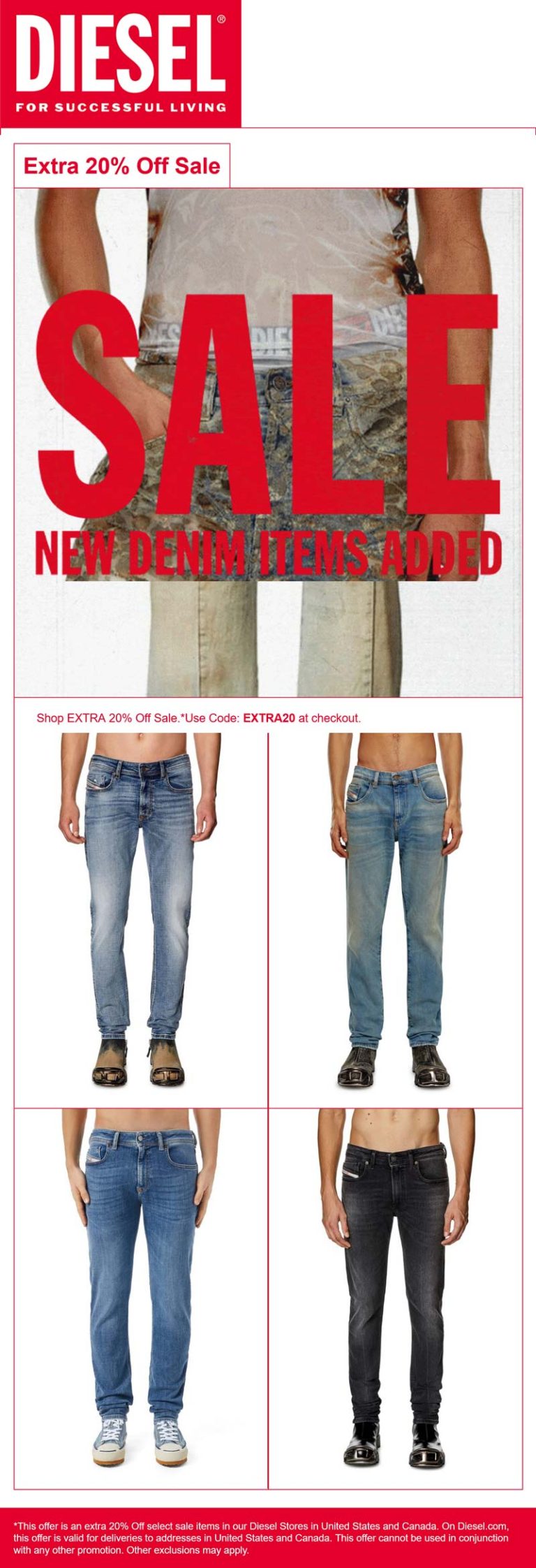 Extra 20% off sale denim at Diesel, or online via promo code EXTRA20