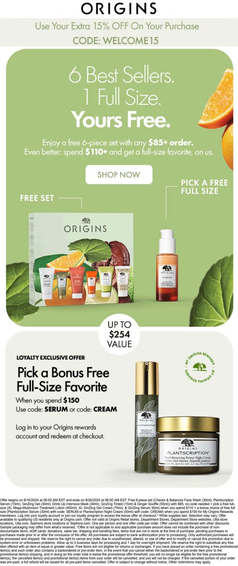 Free 6pc set on $85+ at Origins