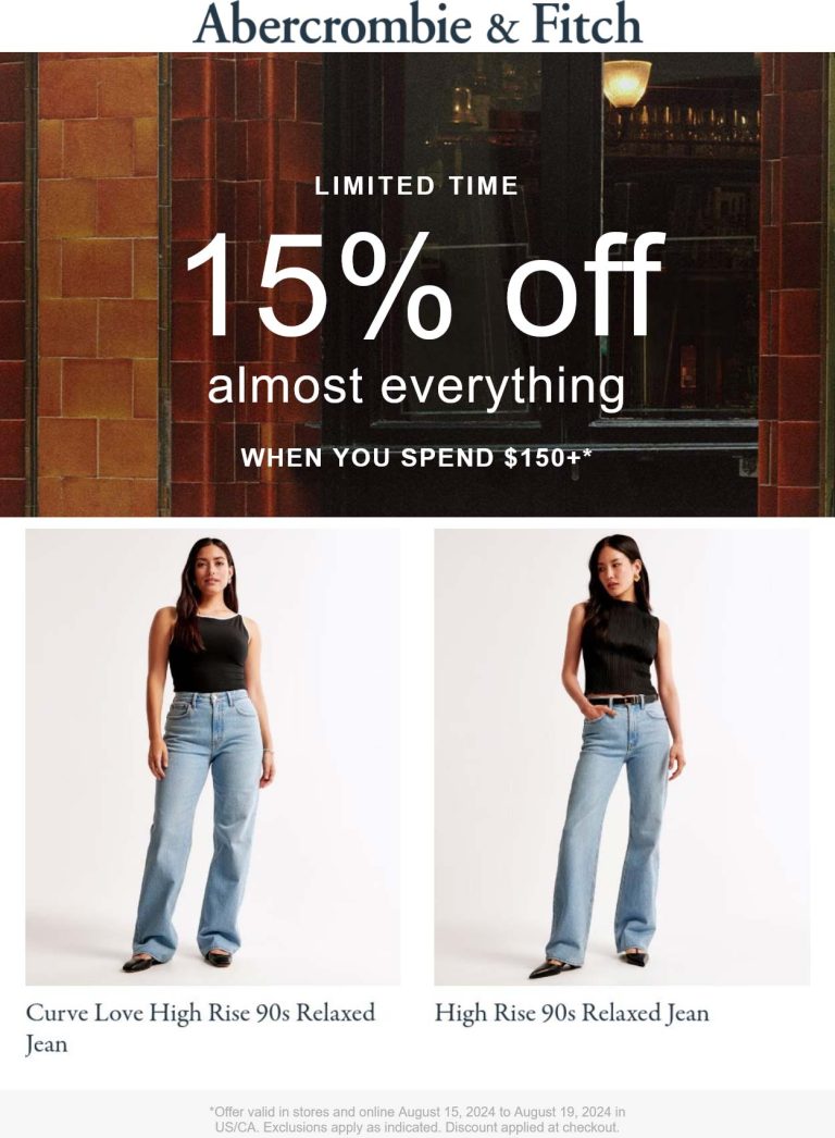 Abercrombie & Fitch coupon: 15% off $150+ at Abercrombie & Fitch