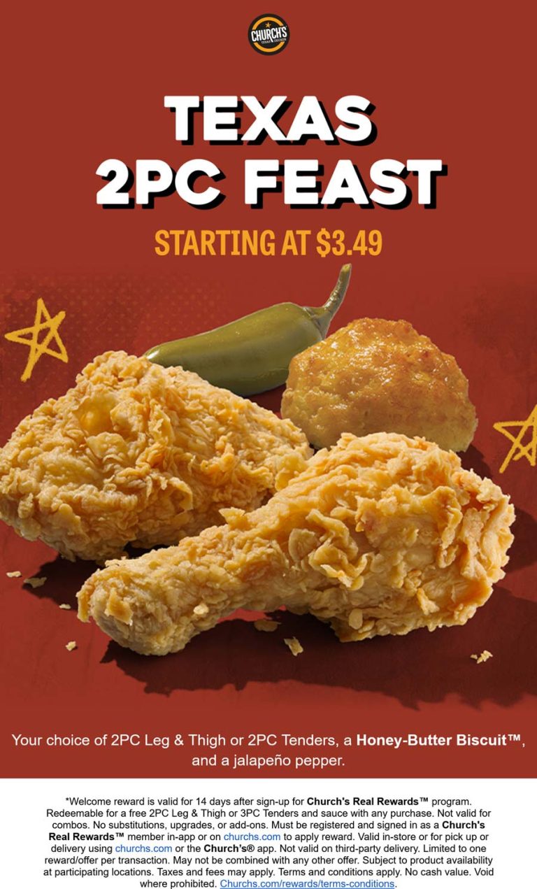 2pc chicken + biscuit + jalapeno = $3.50 at Churchs Chicken