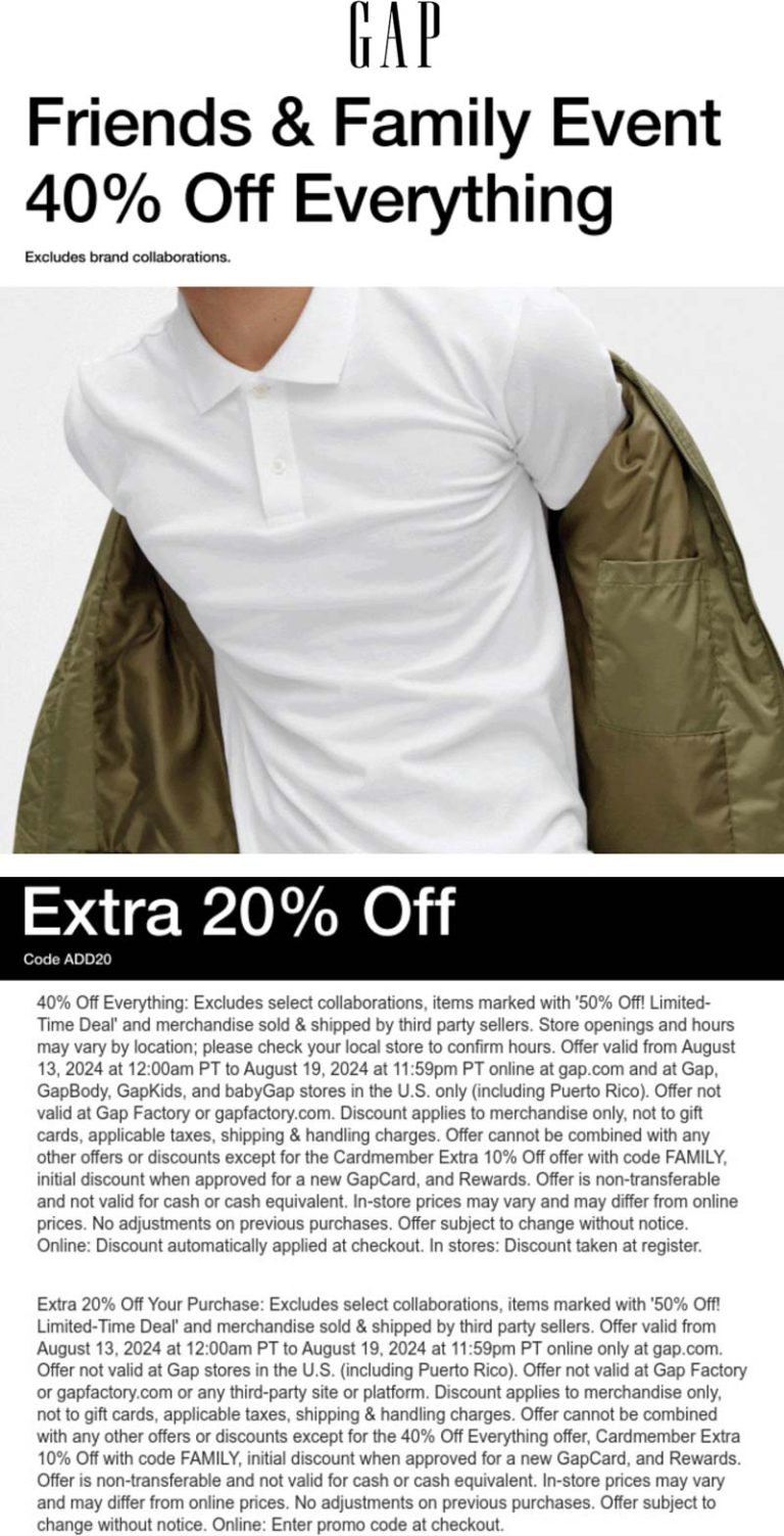 40-60% off everything at Gap, or online via promo code ADD20