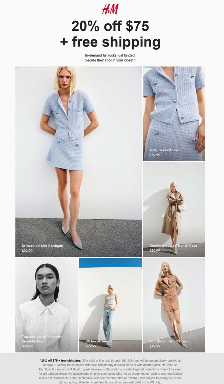 H&M coupon: 20% off $75+ at H&M