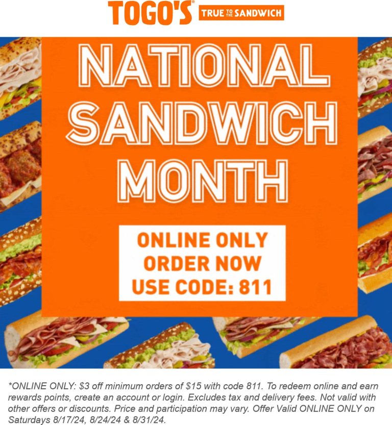 $3 off $15 Saturdays at TOGOS restaurants via promo code 811