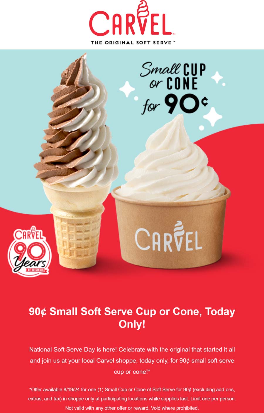 .90 cent soft serve ice cream cone today at Carvel carvel The