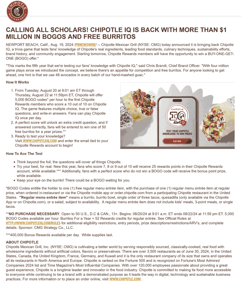 Various giveaways for testing your restaurant IQ online at Chipotle