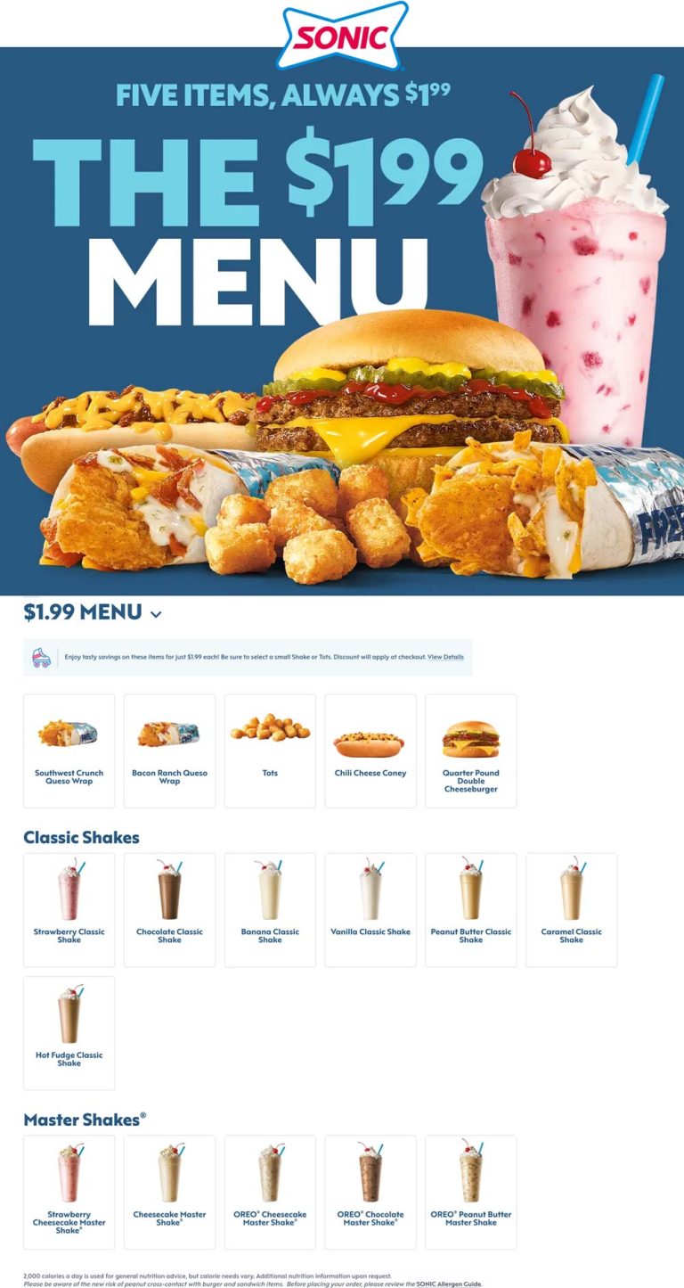 Cheeseburgers & more on the $2 value menu at Sonic Drive-In restaurants