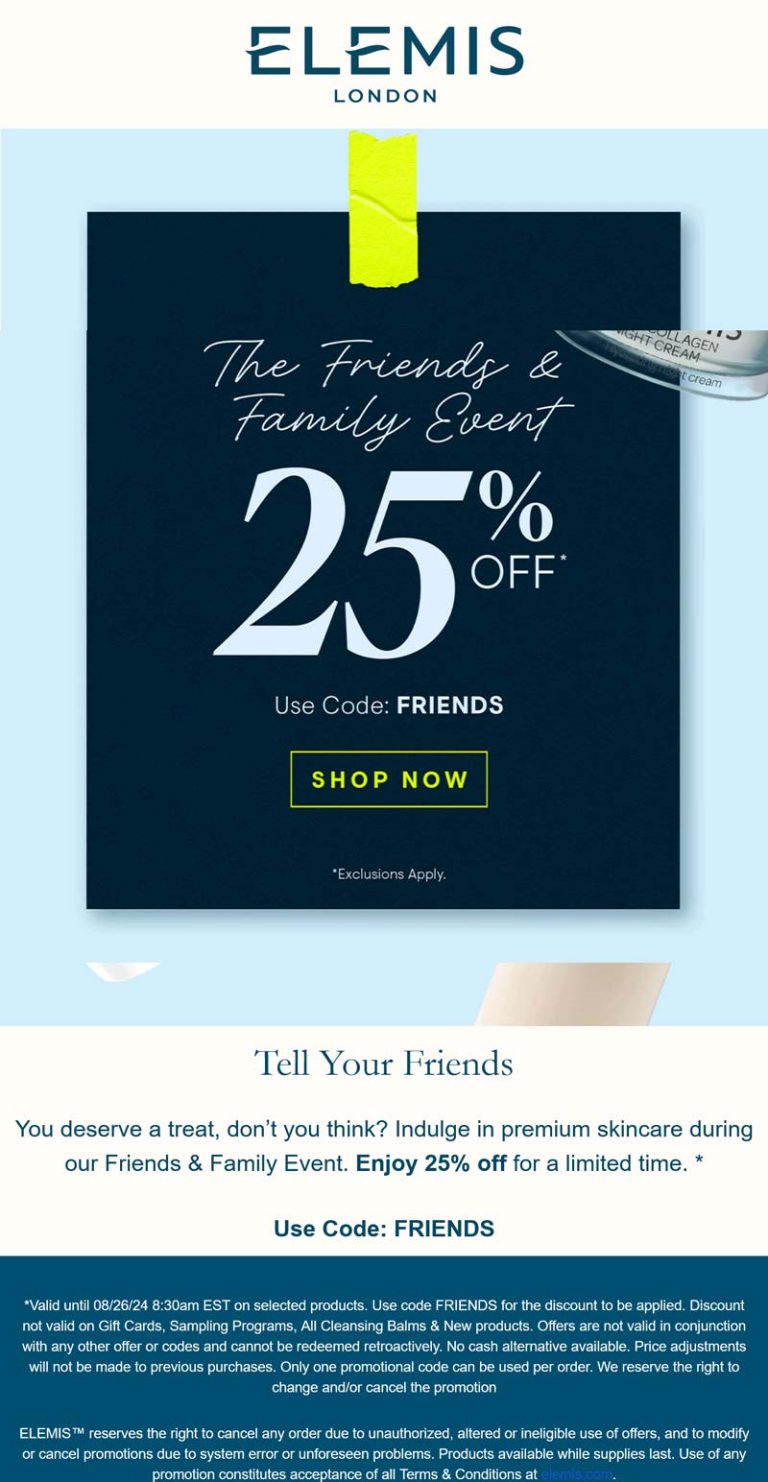 25% off at Elemis via promo code FRIENDS