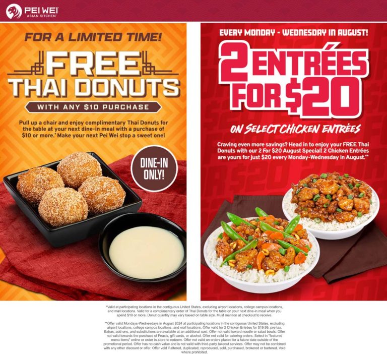Free thai donuts on $10 & more at Pei Wei restaurants