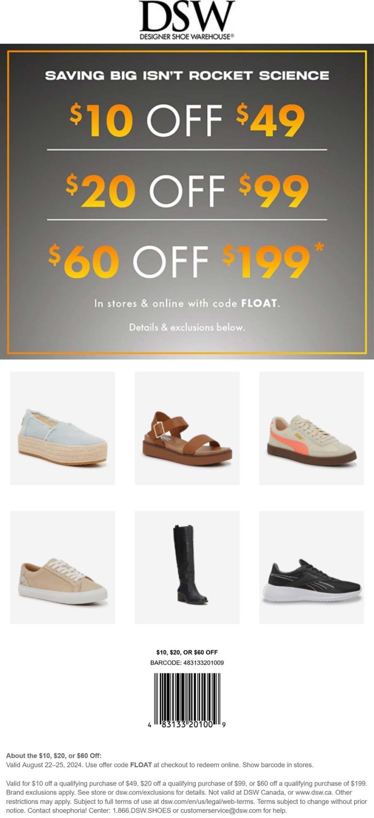 $10-$60 off $49+ at DSW shoes, or online via promo code FLOAT