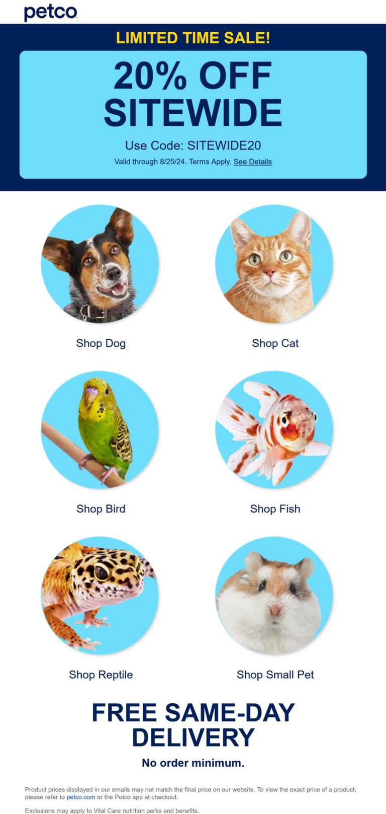 20% off everything online at Petco via promo code SITEWIDE20