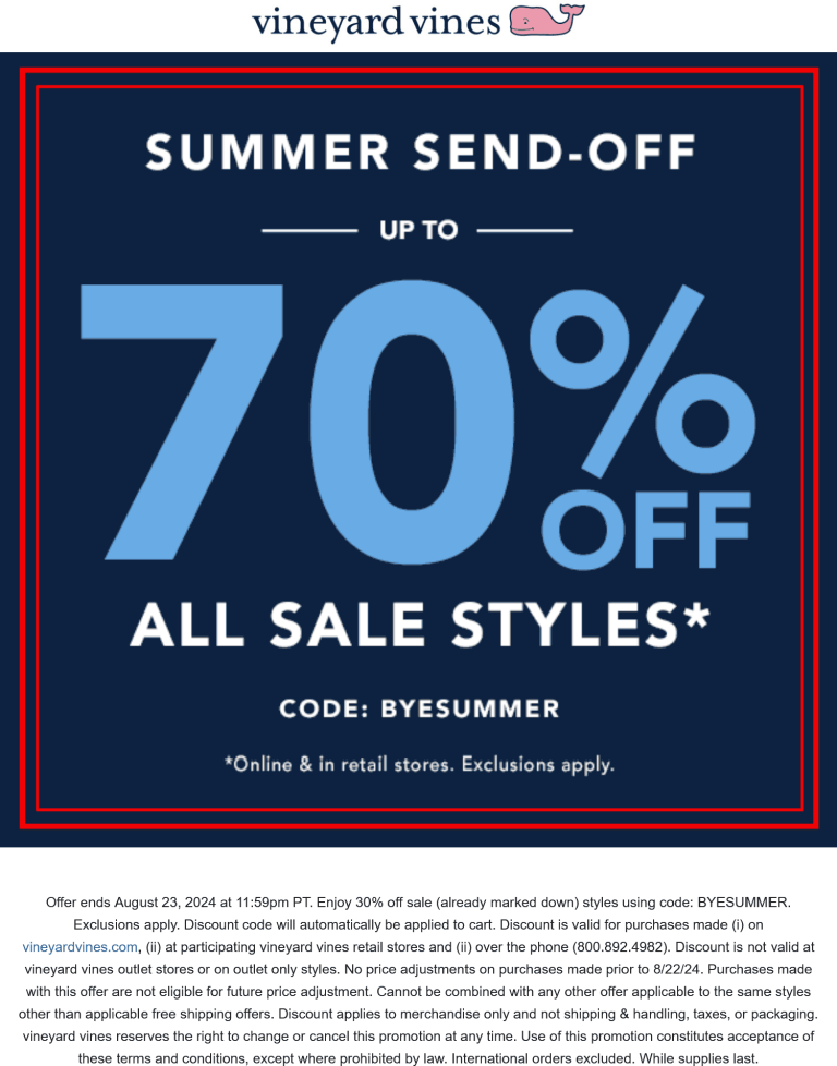 Extra 30% off sale items at Vineyard Vines via promo code BYESUMMER