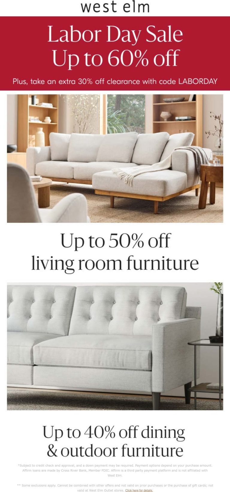 Extra 30% off clearance at West Elm via promo code LABORDAY