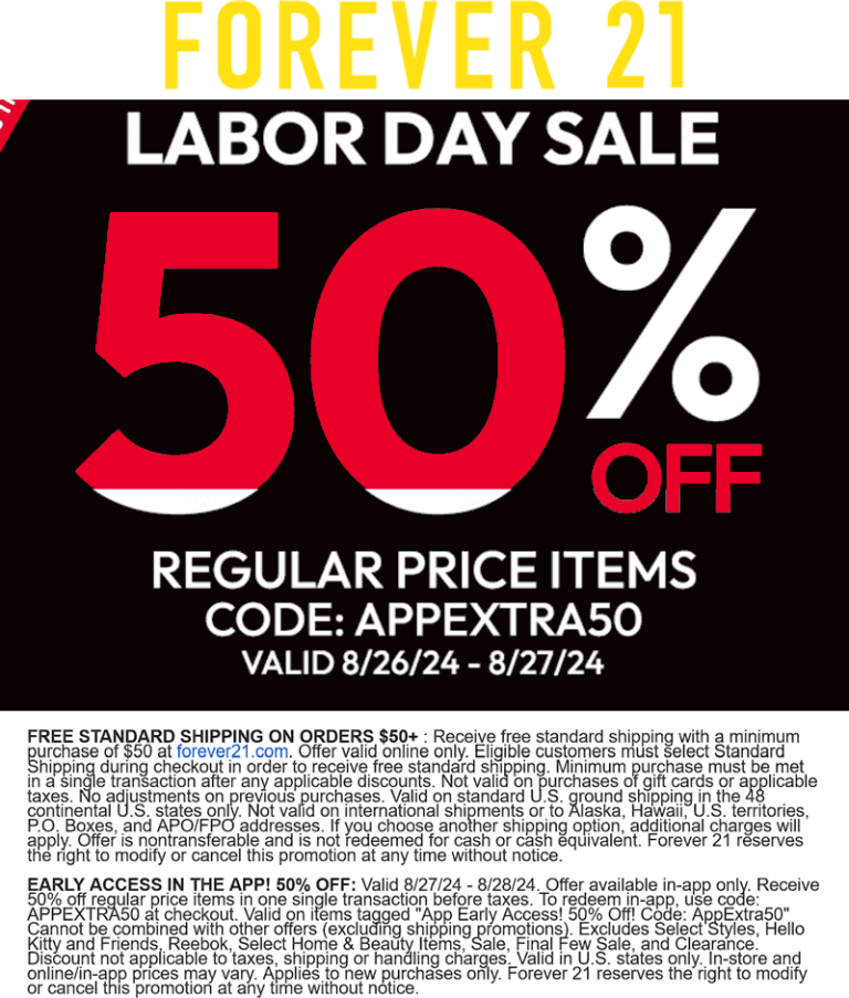 50% off via mobile at Forever 21 via promo code APPEXTRA50