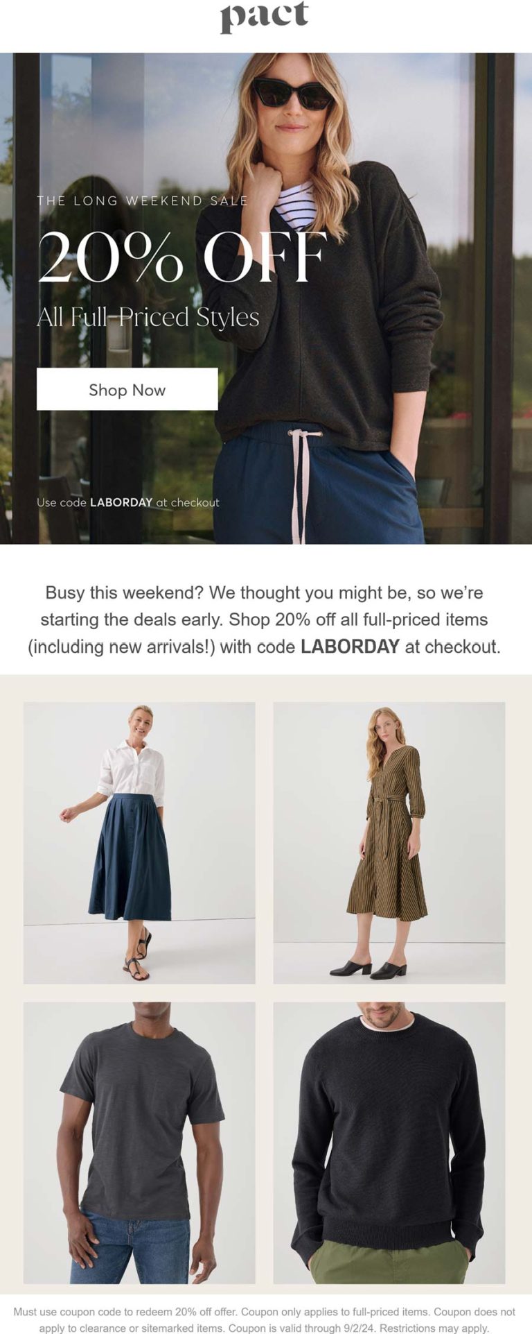 20% off at PACT via promo code LABORDAY