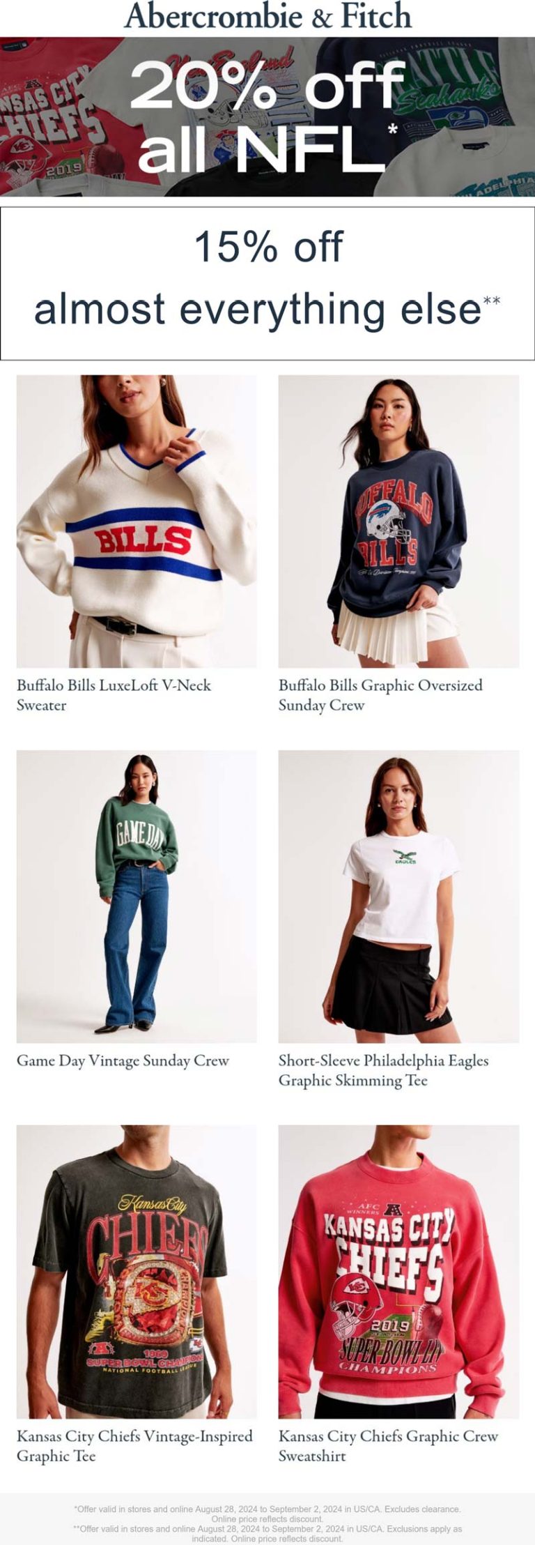 Abercrombie & Fitch coupon: 20% off all NFL, 15% everything else at Abercrombie & Fitch