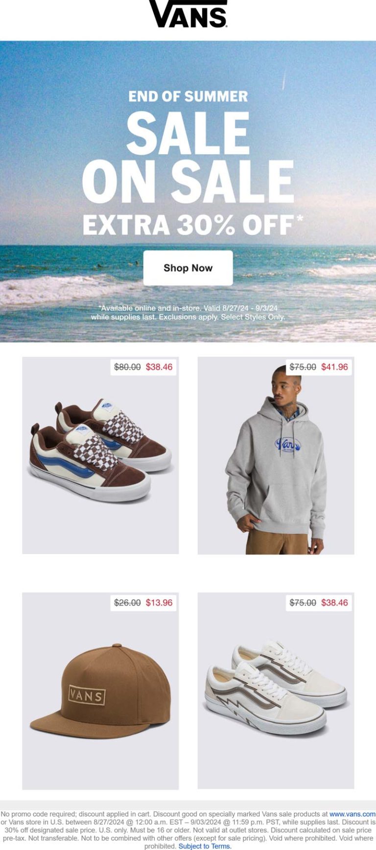 Extra 30% off at Vans, ditto online